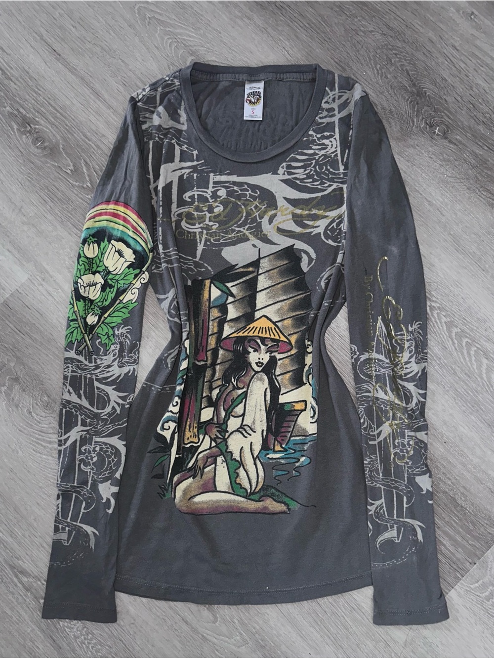Christian Audigier Charcoal Long Sleeve Top with Multicolor Graphic